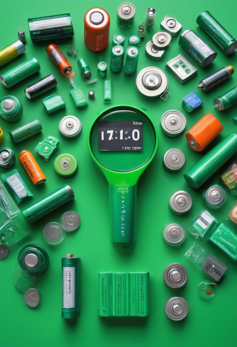 A vibrant collage showcasing various types of batteries, from AA to car batteries, arranged with price tags illustrating discounts. Include a magnifying glass hovering over a few highlighted sales signs, and a calculator with a hand holding it as if calculating savings. The background should be an energetic shopping atmosphere, symbolizing exploration and smart shopping. Elements of green to signify savings. super-realistic. vibrant colors. dynamic composition.